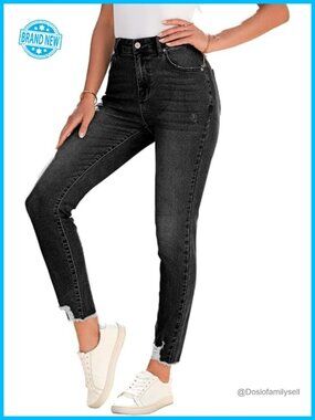 Ripped Shaping Skinny Jeans Distressed Raw Hem Stretchy Denim Pants